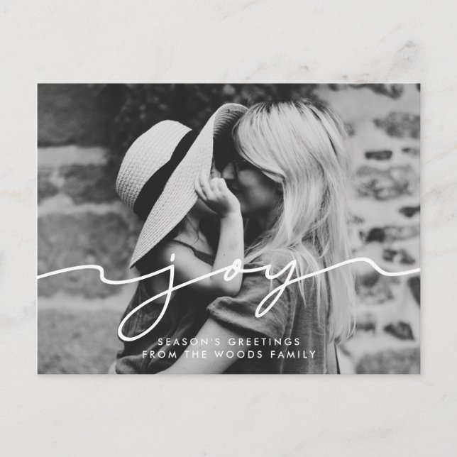 Joy Modern handwritten script Holiday photo Postcard (Front)