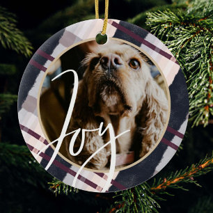 Joy   Modern Navy & Purple Watercolor Plaid Photo Ceramic Ornament