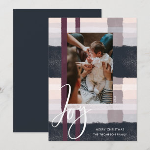 Joy Modern Navy & Purple Watercolor Plaid Photo Holiday Card