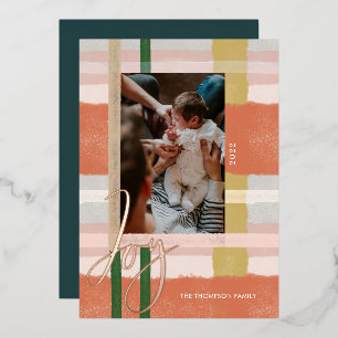 Joy   Modern Orange & Pink Watercolor Plaid Photo Foil Holiday Card