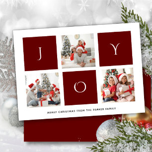 JOY Modern Red Fun Script Photo Collage Minimalist Holiday Card