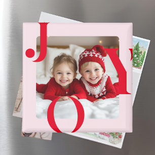 JOY Modern Red & Pink Christmas Photo Gift Magnet