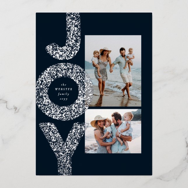 Joy modern two photo bold silver navy Christmas Foil Holiday Card (Front)