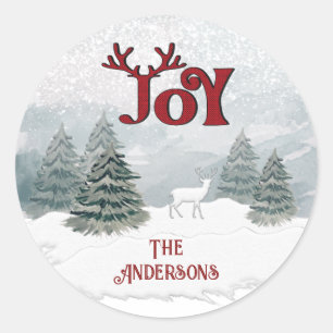  Joy Modern Watercolor winter deer scene   Classic Round Sticker