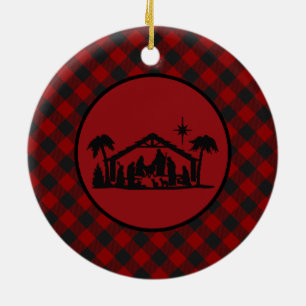 Joy Nativity plaid Ceramic Ornament