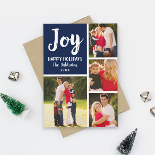 Joy Navy Blue Brushed Script Photo Collage Holiday Card