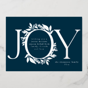 Joy Navy Blue Silver Pine Berry Wreath Photo Foil Holiday Card