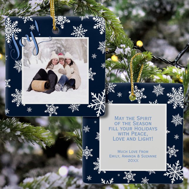 Joy! Navy Blue & White Snowflakes Christmas Photo Ceramic Ornament (In Situ Front and Back)