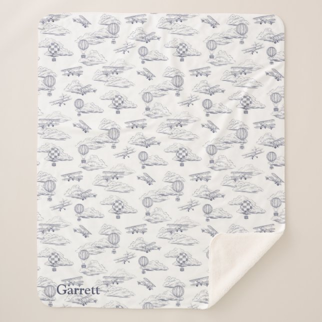 Joy of Flight - Classic Aviation - Navy and White Sherpa Blanket (Front)