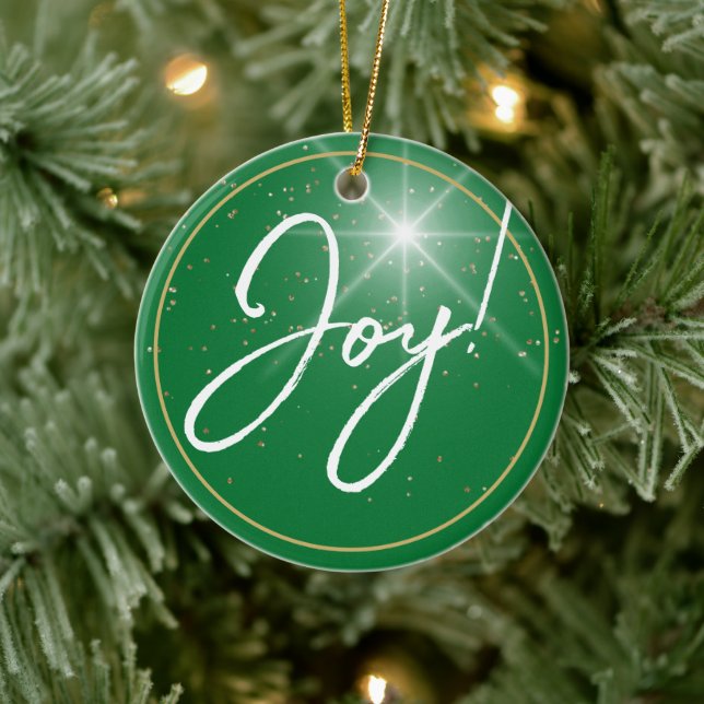 Joy! or Your Message, White Text Deep Green, Star Ceramic Ornament (Tree)