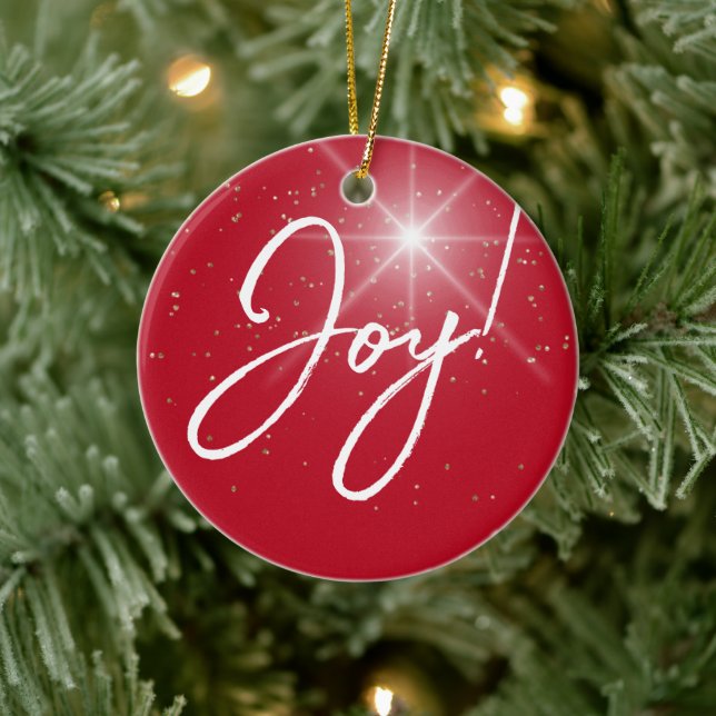 Joy! or Your Message, White Text on Deep Red, Star Ceramic Ornament (Tree)