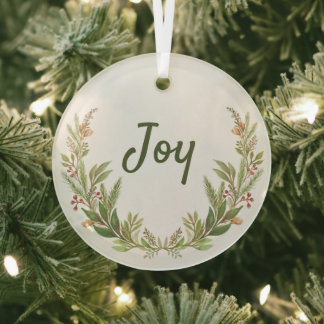 Joy Original botanical watercolor Christmas  Glass Ornament