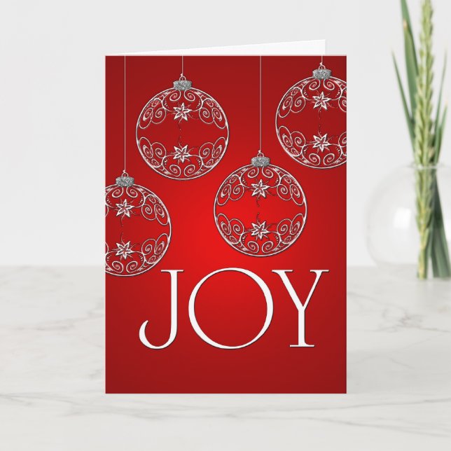 Joy Ornaments on ruby red elegant Holiday Card (Front)