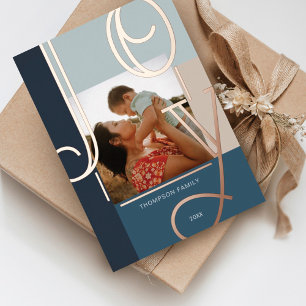 Joy Overlay Bold Modern Colour Blocks Family Photo Foil Holiday Card