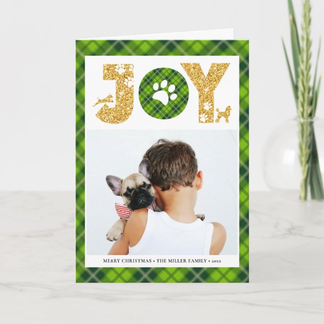 JOY Paws Gold | Pet Lovers Festive Tartan Plaid Holiday Card (Front)
