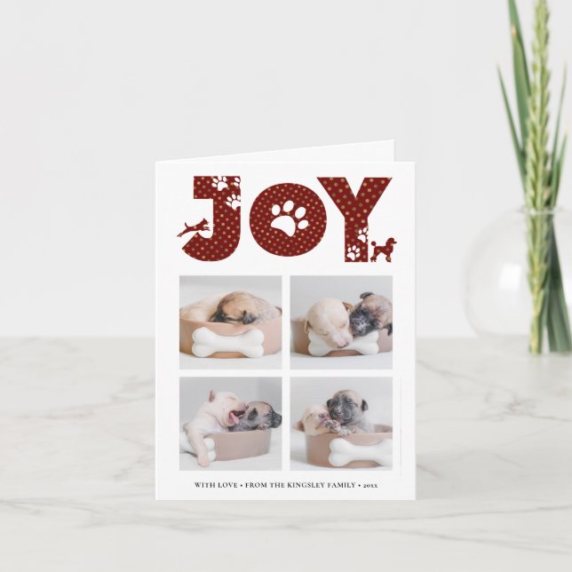 JOY Paws Gold | Pet Lovers Four Photo Collage Holiday Card (Front)