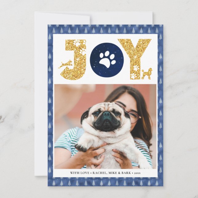 JOY Paws Gold | Pet Lovers Pine Tree In Blue Holiday Card (Front)