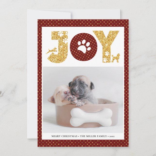 JOY Paws Gold | Pet Lovers Red Gold Dot Holiday Card (Front)