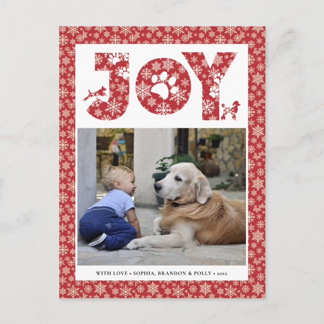 JOY Paws Gold | Pet Lovers Snowflakes In Red Holiday Postcard (Front)