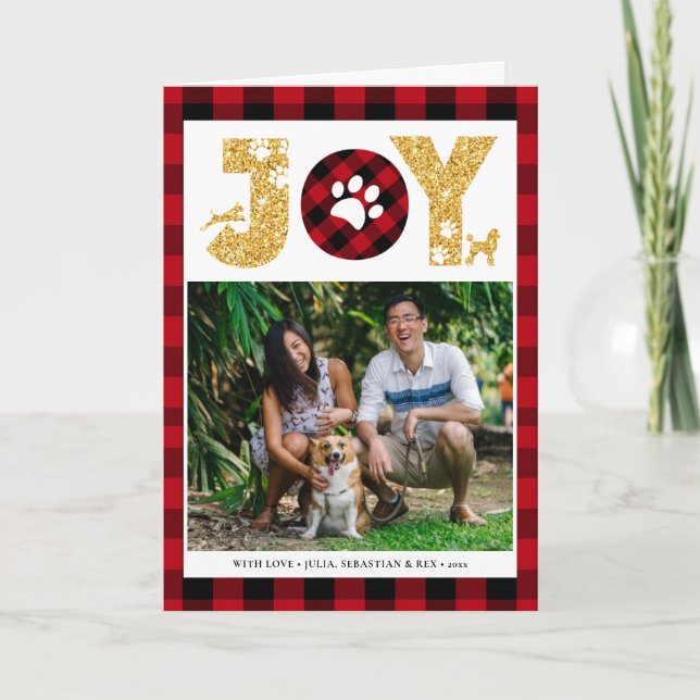 JOY Paws | Pet Lovers Red Buffalo Plaid Holiday Card (Front)