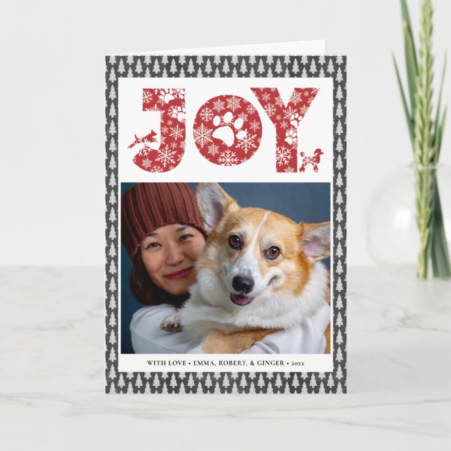 JOY Paws | Pet Lovers Snowflakes In Red Pine Tree Holiday Card (Front)