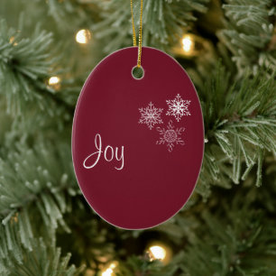Joy, Peace and 3 Snowflakes Red and White Minimal Ceramic Ornament