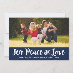 Joy Peace and Love Navy Blue Brushed Script Photo Holiday Card