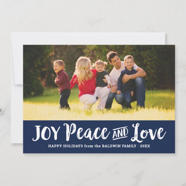 Joy Peace and Love Navy Blue Brushed Script Photo Holiday Card (Front)