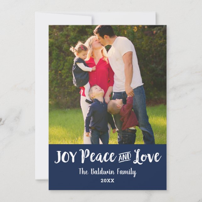 Joy Peace and Love Navy Blue Brushed Script Photo Holiday Card (Front)