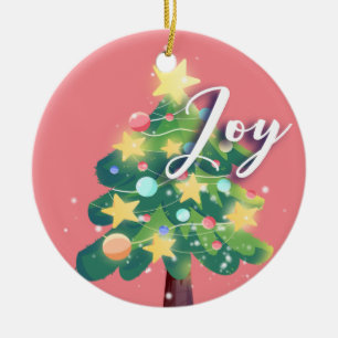 Joy & Peace Carton Christmas Tree Pink  Ceramic Ornament