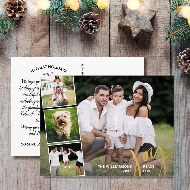 Joy Peace Love Calligraphy Photo Collage Gold Foil Holiday Postcard (Creator Uploaded)