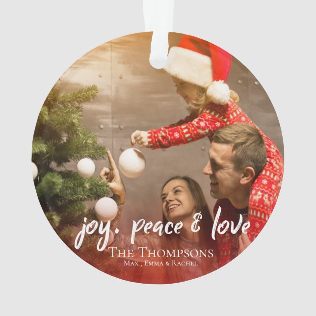 Joy Peace Love Red Plaid Photo Christmas Tree Ornament (Back)