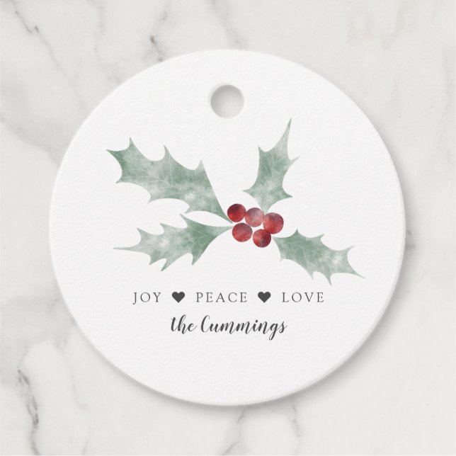 Joy Peace Love Watercolor Mistletoe Christmas Favour Tags (Front)