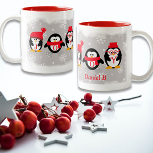 JOY Penguins Christmas Custom Name Two-Tone Coffee Mug