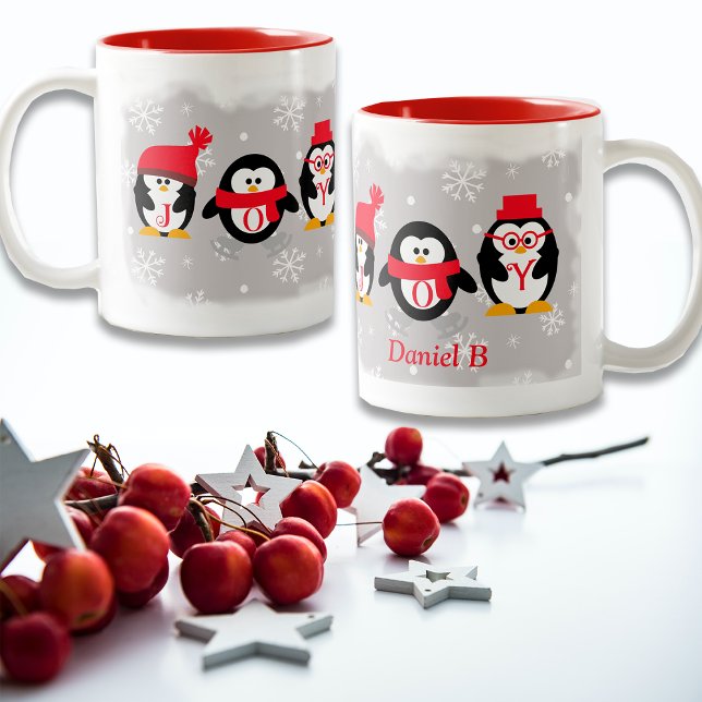 JOY Penguins Christmas Custom Name Two-Tone Coffee Mug (Creator Uploaded)