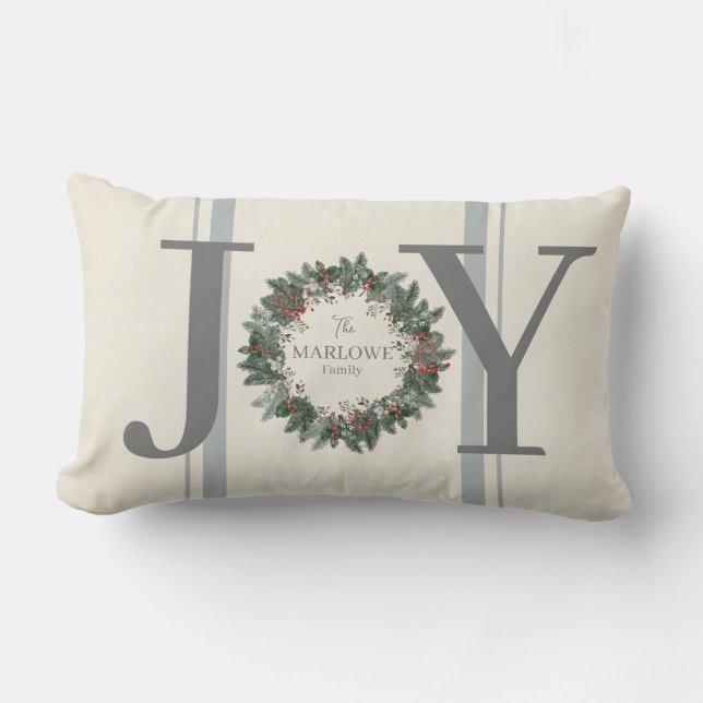 Joy Personalised Christmas Wreath Holiday Lumbar Pillow (Front)