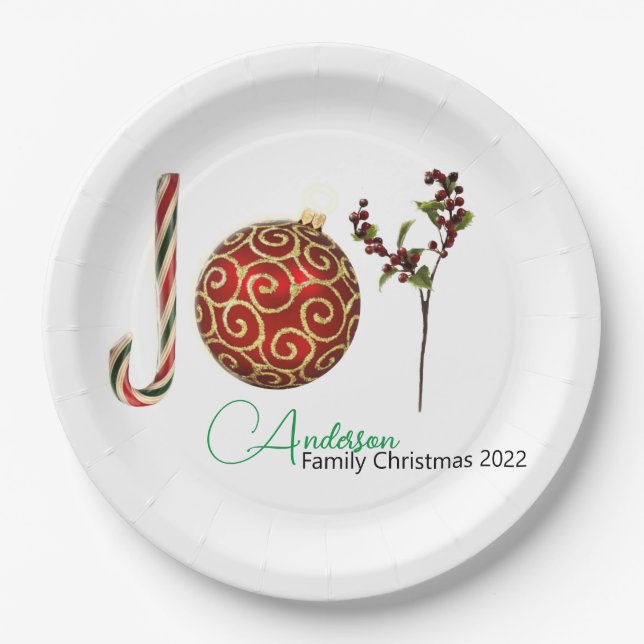 Joy personalized candy cane ornament holly latte paper plate (Front)