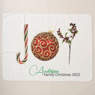 Joy personalized candy cane ornament holly sherpa blanket