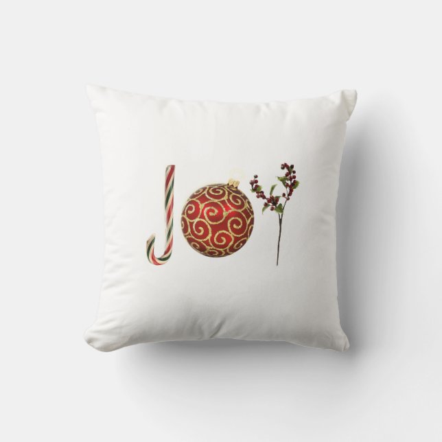 Joy personalized candy cane ornament holly throw pillow (Front)