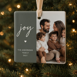 Joy Personalized Family Photo Modern Sage Green Ceramic Ornament