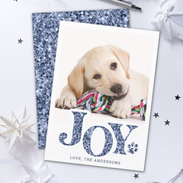 JOY Personalized Pet Photo Blue Paw Print Dog  Holiday Card (Creator Uploaded)