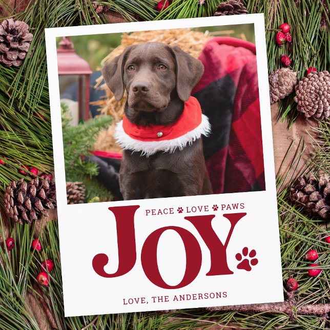 JOY Personalized Pet Photo Red Paw Print Dog Holiday Postcard (Creator Uploaded)