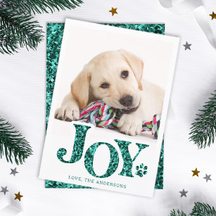 JOY Personalized Pet Photo Teal Paw Print Dog  Holiday Card