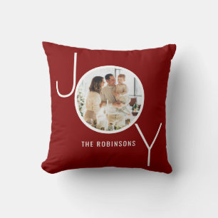 Joy Personalized Photo Christmas Holiday Red Green Throw Pillow
