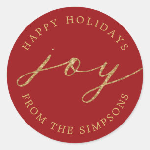Joy Personalized Red Holiday Classic Round Sticker