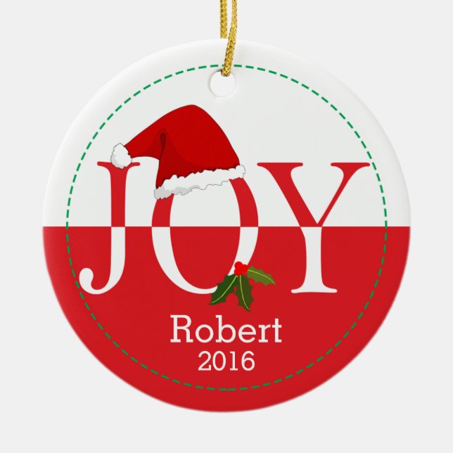 Joy Personalized Santa Hat Christmas Ornament (Front)