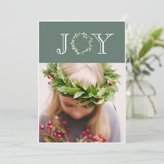Joy Photo Eucalyptus Wreath Personalized Holiday Card (Standing Front)