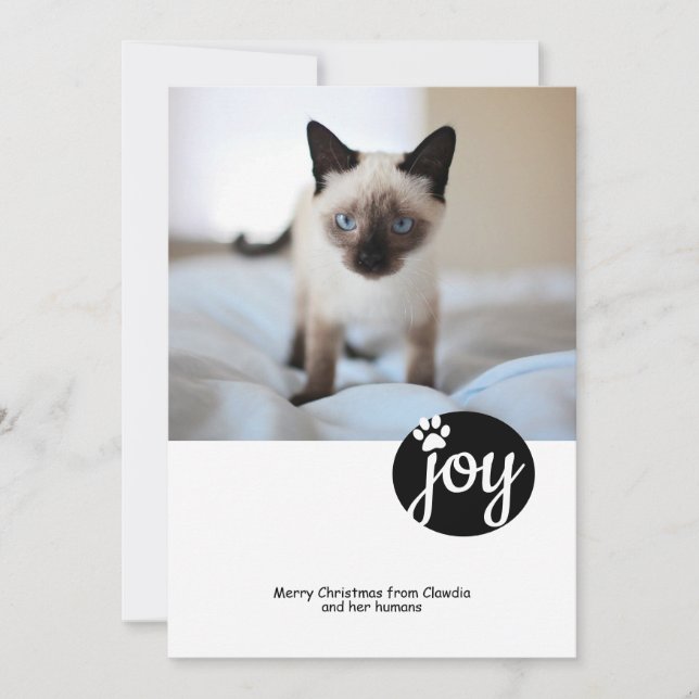 Joy Photo Personalized Christmas Cat Paw Print Holiday Card (Front)
