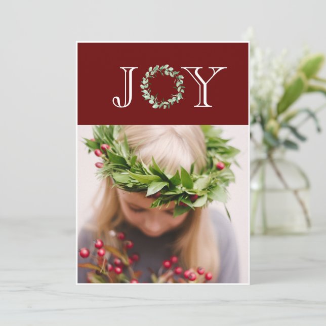Joy Photo Red Christmas Personalized Holiday Card (Standing Front)
