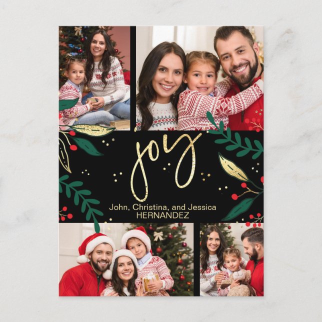 Joy Photo Red Gold Christmas Greenery Black Holiday Postcard (Front)
